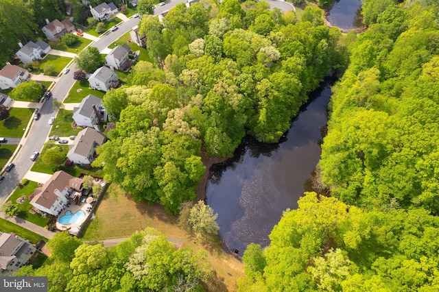 birds eye view of property with a water view and a residential view