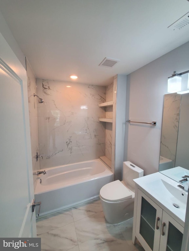 5100 Fitch St SE, Washington, DC 20019 - bathroom featuring marble finish flooring, vanity,  shower combination, toilet, and recessed lighting