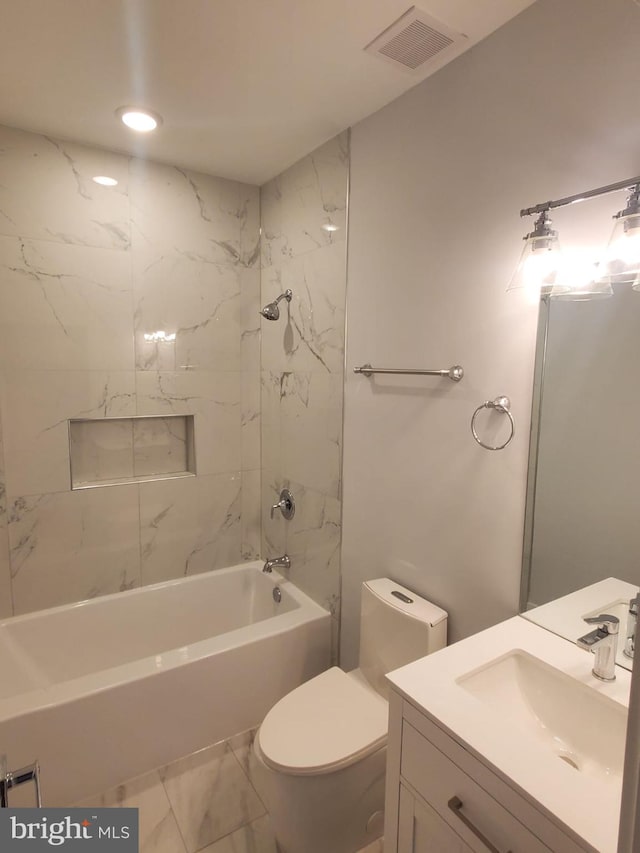 5100 Fitch St SE, Washington, DC 20019 - full bathroom with vanity, marble finish flooring, bathing tub / shower combination, toilet, and recessed lighting