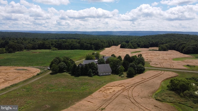 drone / aerial view featuring a wooded view and a rural view
