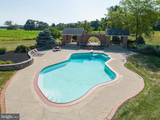 pool featuring a patio, a storage structure, an outdoor structure, and a diving board