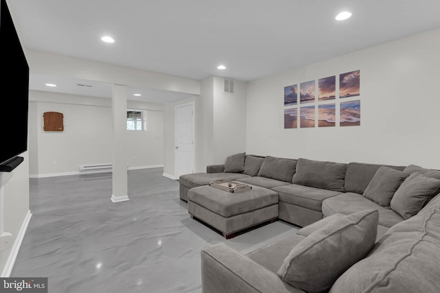 living area with a baseboard radiator, visible vents, recessed lighting, and baseboards