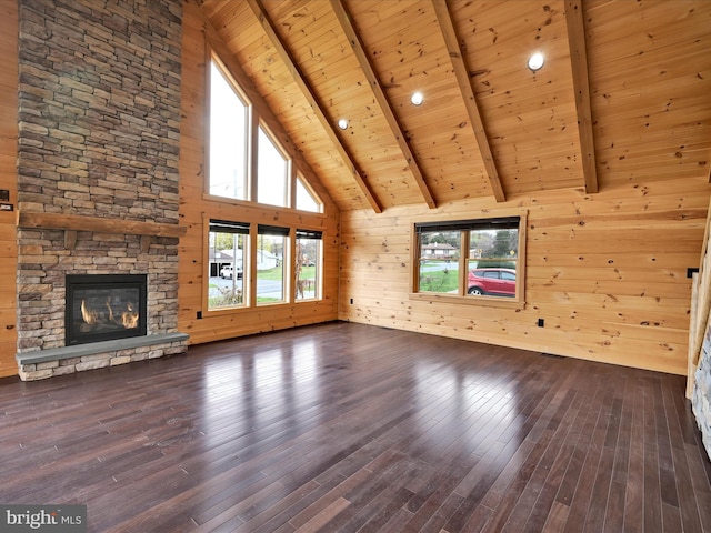 1918 Friedensburg Rd, Reading, PA 19606 - unfurnished living room featuring high vaulted ceiling, wood ceiling, beamed ceiling, a fireplace, and dark wood-type flooring