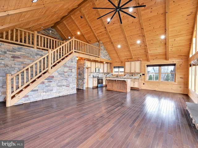 1918 Friedensburg Rd, Reading, PA 19606 - unfurnished living room with high vaulted ceiling, stairway, wood ceiling, and dark wood-style floors