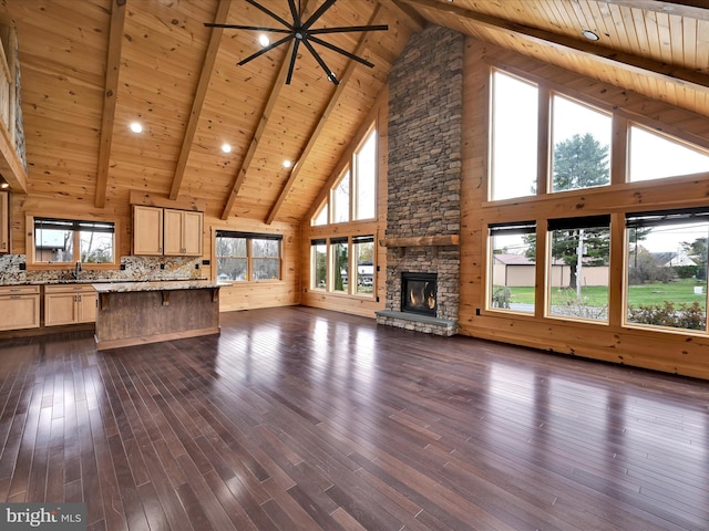 1918 Friedensburg Rd, Reading, PA 19606 - unfurnished living room with dark wood finished floors, wooden ceiling, a sink, beamed ceiling, and high vaulted ceiling
