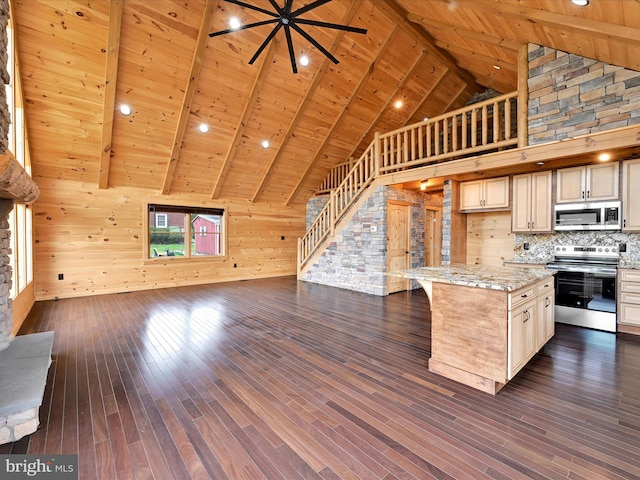 1918 Friedensburg Rd, Reading, PA 19606 - kitchen with stainless steel appliances, wooden walls, dark wood-type flooring, wood ceiling, and open floor plan