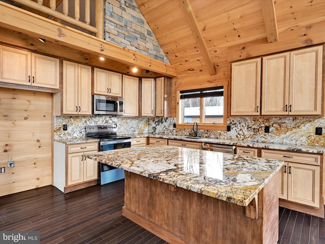 1918 Friedensburg Rd, Reading, PA 19606 - kitchen with lofted ceiling with beams, dark wood-style floors, a sink, and appliances with stainless steel finishes