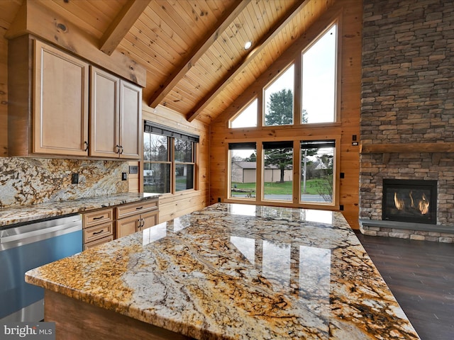 1918 Friedensburg Rd, Reading, PA 19606 - kitchen featuring stainless steel dishwasher, beamed ceiling, light stone countertops, wood ceiling, and dark wood-style flooring