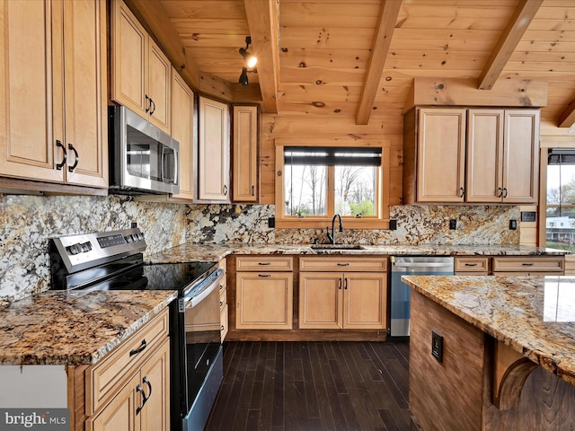 1918 Friedensburg Rd, Reading, PA 19606 - kitchen featuring stainless steel appliances, beam ceiling, a sink, wooden ceiling, and dark wood-type flooring
