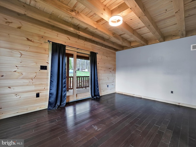 1918 Friedensburg Rd, Reading, PA 19606 - unfurnished room with wood ceiling, wood walls, dark wood-style flooring, and beam ceiling
