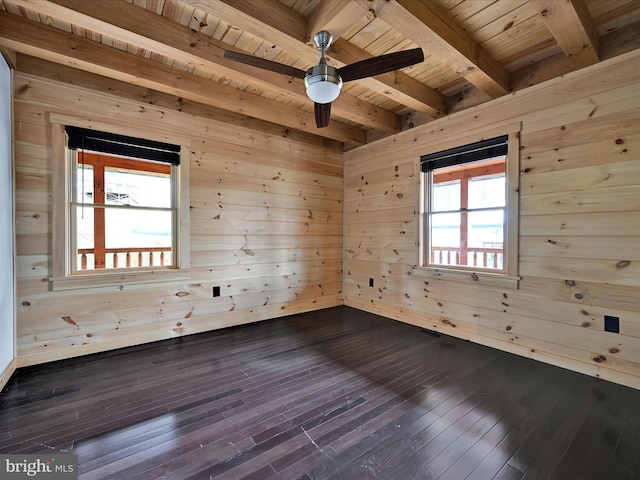 1918 Friedensburg Rd, Reading, PA 19606 - empty room featuring a ceiling fan, wooden walls, wood ceiling, dark wood finished floors, and beam ceiling