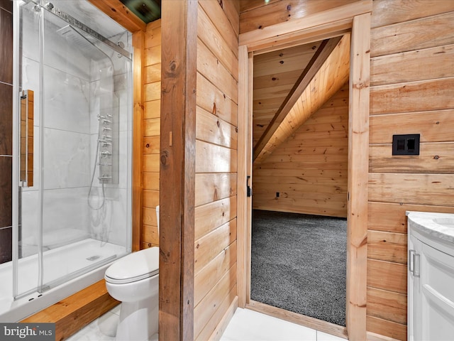 1918 Friedensburg Rd, Reading, PA 19606 - bathroom featuring a shower stall, lofted ceiling, wooden walls, toilet, and vanity