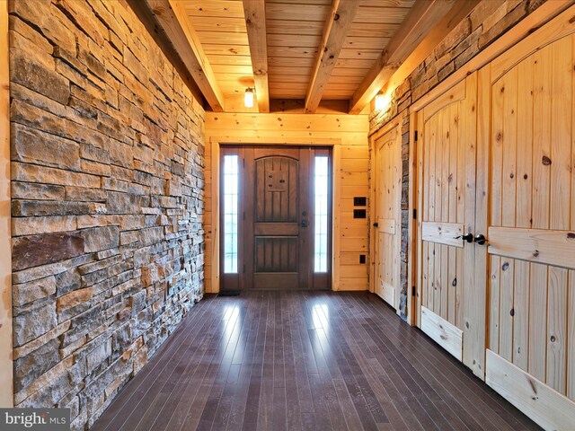 1918 Friedensburg Rd, Reading, PA 19606 - entryway featuring beamed ceiling, wooden walls, dark wood-type flooring, and wood ceiling