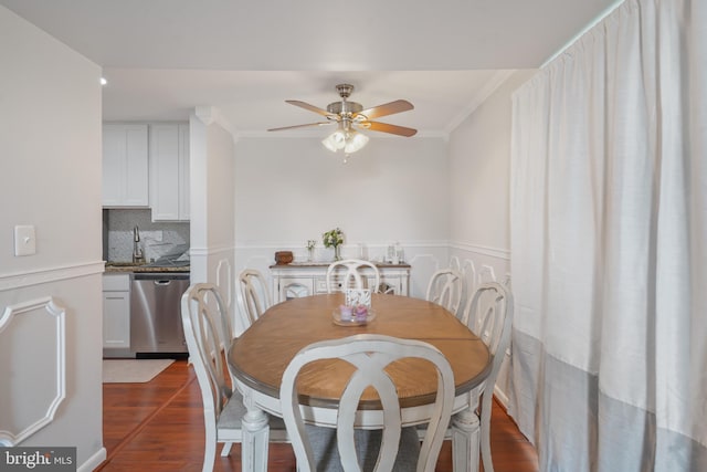 9060 Moonshine Holw Unit G, Laurel, MD 20723 - dining space with crown molding, a ceiling fan, dark wood finished floors, and wainscoting