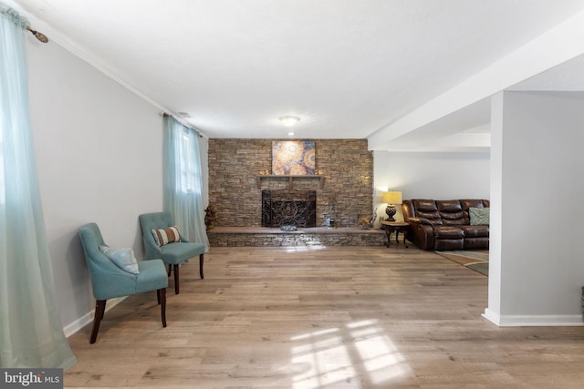 living room featuring baseboards, wood finished floors, and a fireplace
