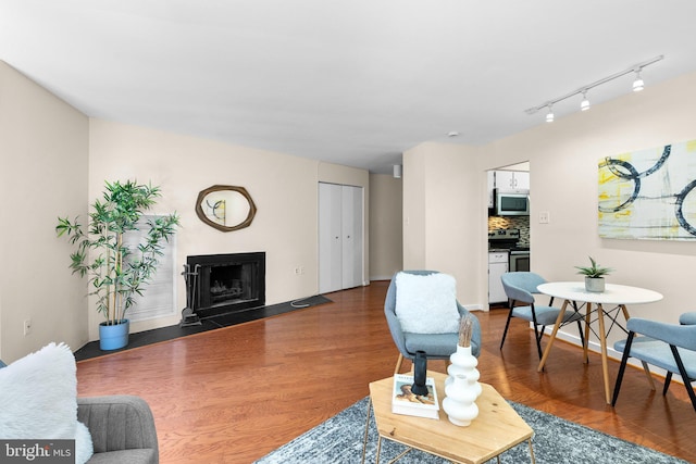 living area with a fireplace with flush hearth, wood finished floors, and rail lighting