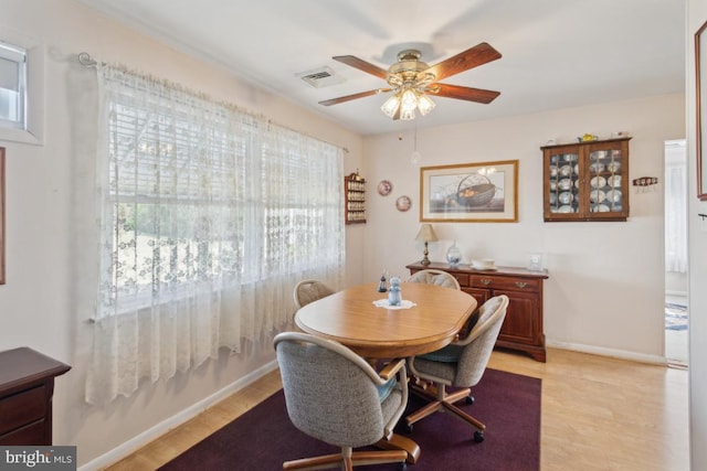 dining area with light wood-type flooring, baseboards, a ceiling fan, and visible vents