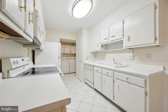 6101 Edsall Rd Unit 1408, Alexandria, VA 22304 - kitchen with white appliances, white cabinetry, separate washer and dryer, a sink, and light tile patterned floors