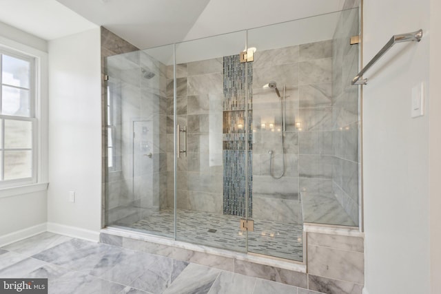 9313 Braymore Cir, Fairfax Station, VA 22039 - bathroom featuring a shower stall, marble finish floor, and baseboards