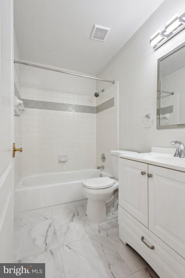 9313 Braymore Cir, Fairfax Station, VA 22039 - full bath with shower / bathing tub combination, vanity, marble finish floor, toilet, and visible vents