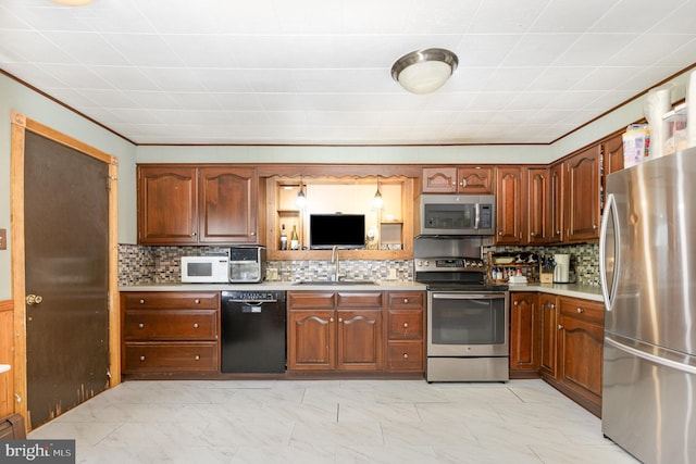 kitchen with light countertops, stainless steel appliances, a sink, and marble finish floor