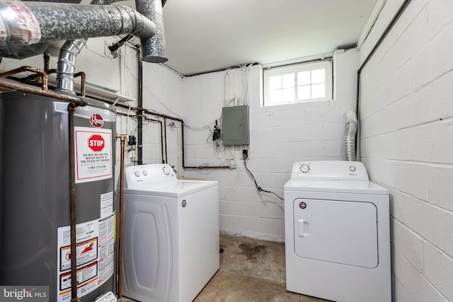 5310 Orchardson Ct, Fairfax, VA 22032 - clothes washing area with gas water heater, washer and clothes dryer, electric panel, and concrete block wall