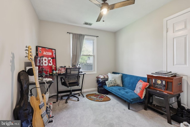 7303 Westwind Ct, Bowie, MD 20715 - home office featuring visible vents, ceiling fan, and carpet