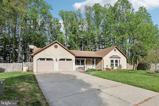7303 Westwind Ct, Bowie, MD 20715 - ranch-style home featuring driveway, a front yard, fence, a porch, and a garage