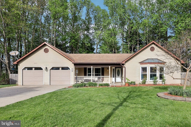 7303 Westwind Ct, Bowie, MD 20715 - single story home with a porch, a front lawn, roof with shingles, concrete driveway, and an attached garage