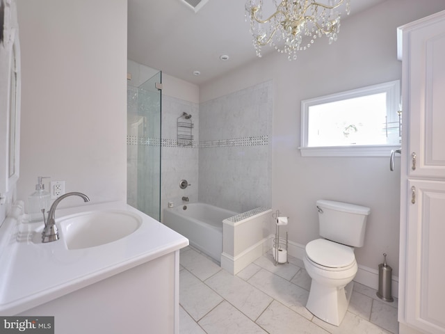 110 Clay Ridge Rd, Ottsville, PA 18942 - full bath with vanity, toilet, washtub / shower combination, marble look tile flooring, and a chandelier