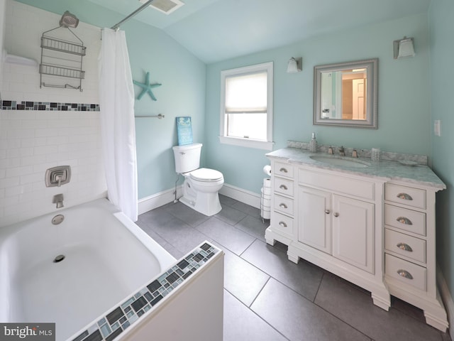 110 Clay Ridge Rd, Ottsville, PA 18942 - full bath with vaulted ceiling, vanity, toilet, shower / bath combination with curtain, and tile patterned floors