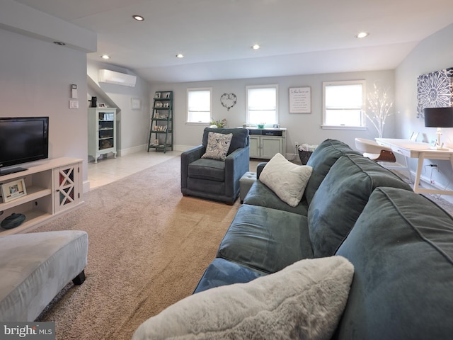 110 Clay Ridge Rd, Ottsville, PA 18942 - living room featuring a wall unit AC, recessed lighting, baseboards, carpet, and tile patterned floors