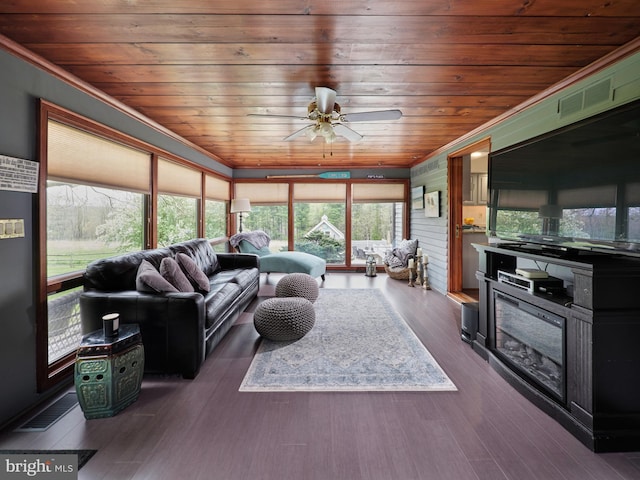 110 Clay Ridge Rd, Ottsville, PA 18942 - living area with wooden ceiling, crown molding, ceiling fan, and dark wood-style floors