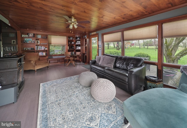 110 Clay Ridge Rd, Ottsville, PA 18942 - living room with wooden ceiling, a ceiling fan, and wood finished floors