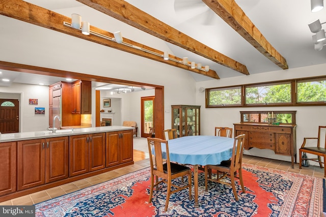 552 Brookwood Rd, Wayne, PA 19087 - dining room featuring light tile patterned floors, beam ceiling, and recessed lighting
