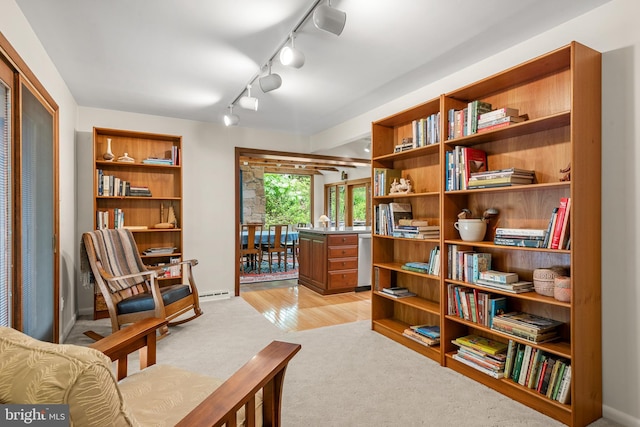 552 Brookwood Rd, Wayne, PA 19087 - living area featuring a baseboard radiator, rail lighting, and light colored carpet