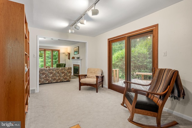 552 Brookwood Rd, Wayne, PA 19087 - living area featuring rail lighting, a fireplace, and light colored carpet