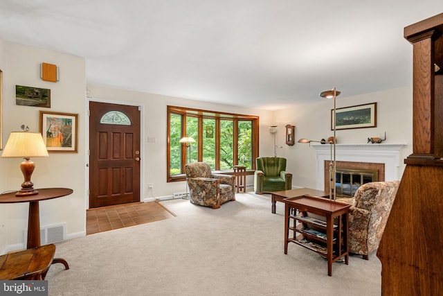552 Brookwood Rd, Wayne, PA 19087 - carpeted living room with a brick fireplace and baseboards