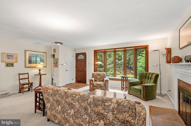 552 Brookwood Rd, Wayne, PA 19087 - living area featuring light colored carpet and a fireplace with flush hearth