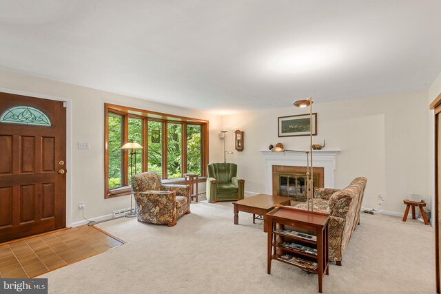 552 Brookwood Rd, Wayne, PA 19087 - carpeted living area with a fireplace and baseboard heating