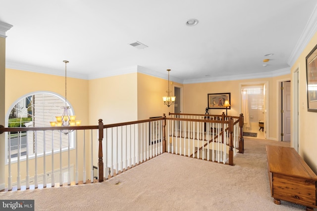 109 Aulee Ct, Winchester, VA 22602 - corridor featuring visible vents, an inviting chandelier, an upstairs landing, and a healthy amount of sunlight