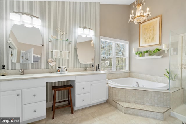 109 Aulee Ct, Winchester, VA 22602 - full bathroom with a bath, a sink, double vanity, tiled shower, and tile patterned flooring