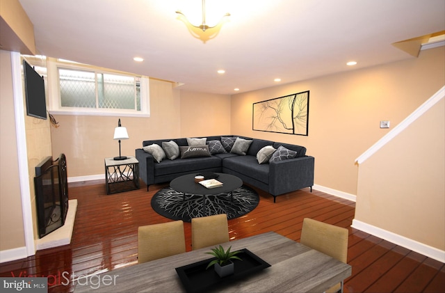 506 S 11th St Unit 33, Philadelphia, PA 19147 - living area featuring a tiled fireplace, baseboards, recessed lighting, and hardwood / wood-style floors