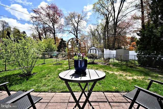view of yard featuring an outbuilding, a fenced backyard, a patio area, and a shed