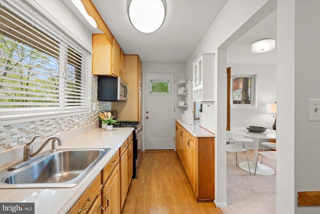 kitchen featuring light countertops, appliances with stainless steel finishes, a sink, and light wood finished floors