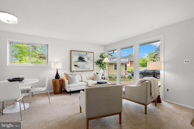 carpeted living area featuring baseboards and plenty of natural light