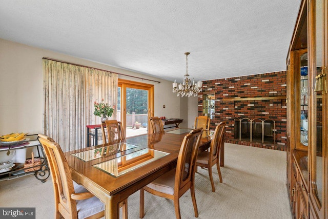 1113 Janice Ct, Joppa, MD 21085 - carpeted dining space featuring a brick fireplace, a textured ceiling, and a notable chandelier