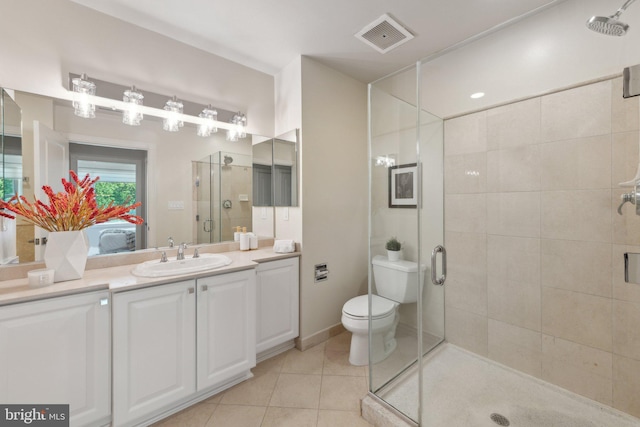 full bathroom with visible vents, tile patterned flooring, toilet, and a shower stall