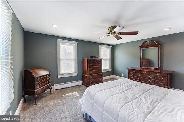 bedroom with baseboards, a ceiling fan, carpet floors, recessed lighting, and a baseboard heating unit