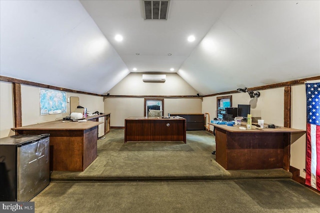 carpeted office featuring visible vents, baseboards, a wall mounted AC, and vaulted ceiling